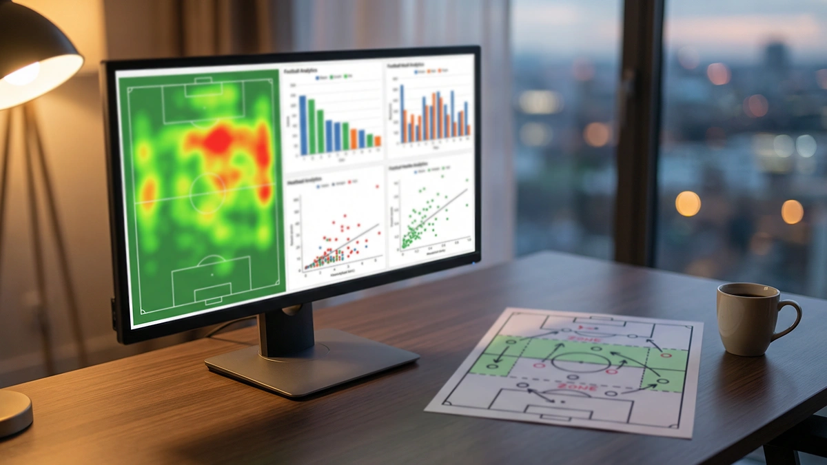 Écran d'ordinateur affichant des graphiques de statistiques football avec un terrain de foot en arrière-plan