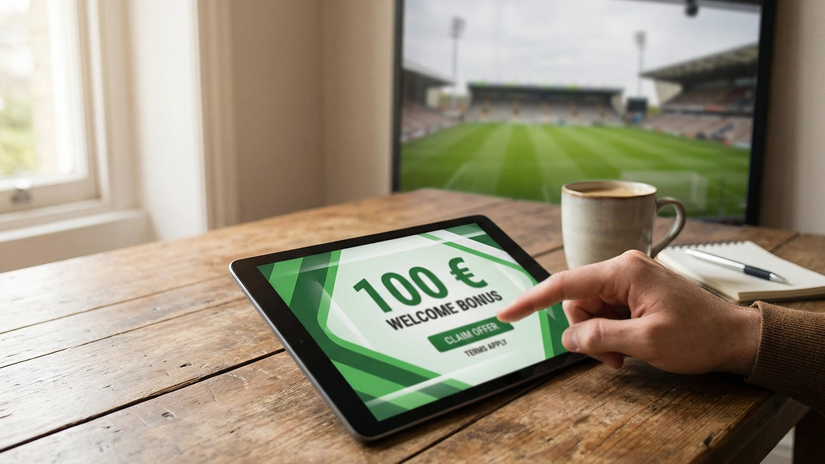 Écran de tablette affichant une offre de bienvenue sur fond de pelouse de stade de football