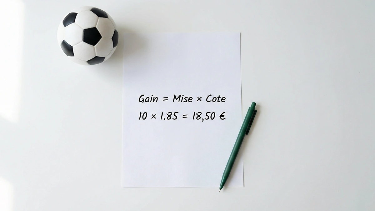 Feuille de papier avec des formules de calcul de gains posée à côté d'un stylo et d'un ballon de football