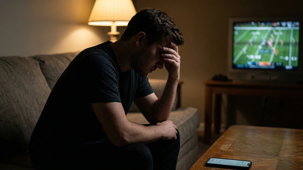 Jeune homme frustré devant un écran de résultats sportifs dans un salon