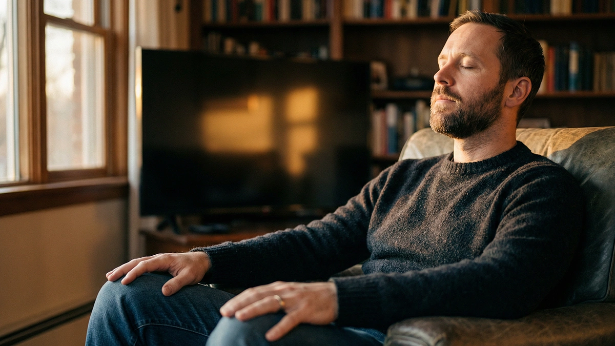 Homme concentré les yeux fermés prenant une pause devant un écran éteint dans un salon calme