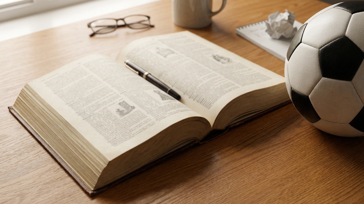 Livre ouvert sur une table avec un ballon de football et un stylo posés à côté