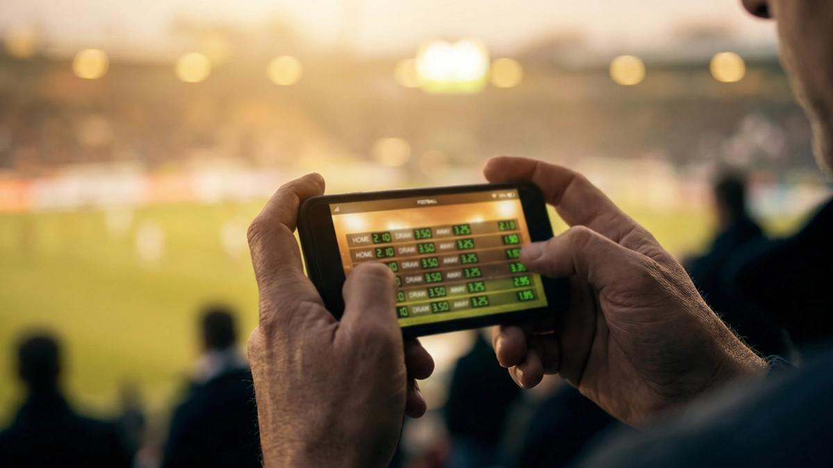 Écran de smartphone affichant des cotes de paris football sur un fond de stade