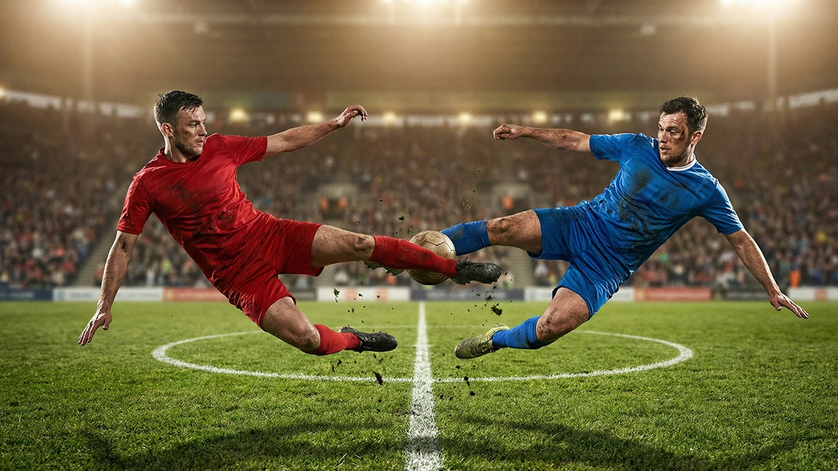 Deux joueurs de football en duel pour le ballon sur une pelouse verte sous les projecteurs