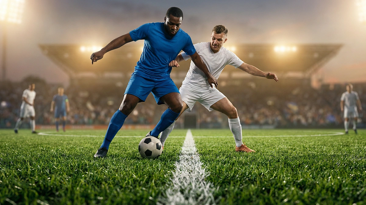 Deux équipes de football sur un terrain avec un écart de score symbolique affiché