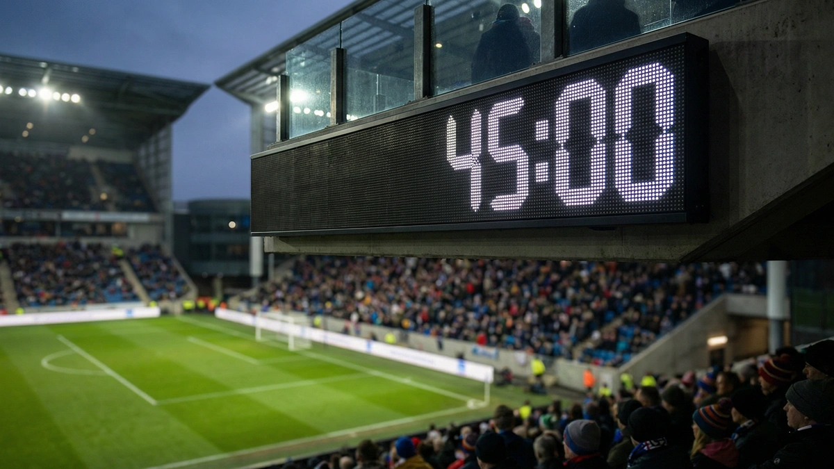 Horloge de stade affichant la 45e minute avec un terrain de football en arrière-plan
