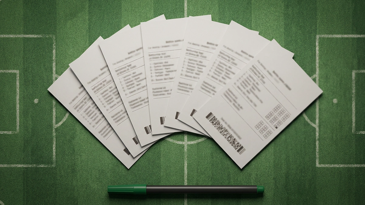 Plusieurs tickets de paris sportifs disposés en éventail sur une surface verte rappelant une pelouse