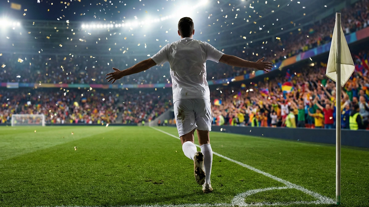 Attaquant de football célébrant un but devant les supporters dans un stade