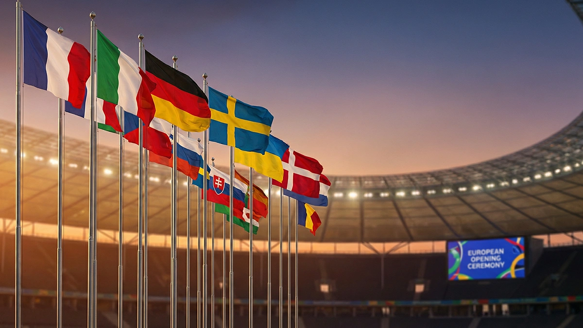 Drapeaux européens flottant devant un stade de football illuminé en soirée