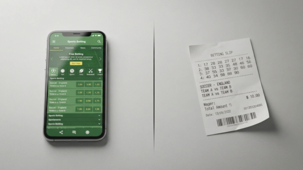Smartphone affichant une application de paris à côté d'un ticket papier de bureau de tabac sur un comptoir