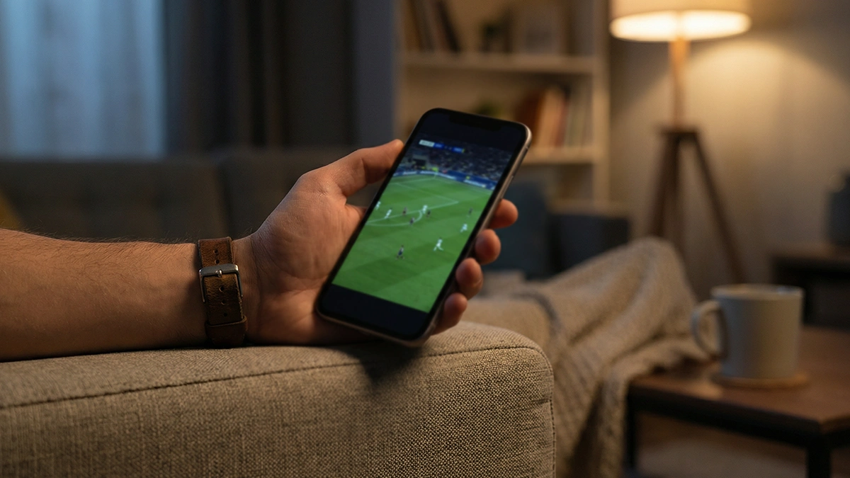 Smartphone tenu en main affichant un match de football en streaming dans un cadre décontracté