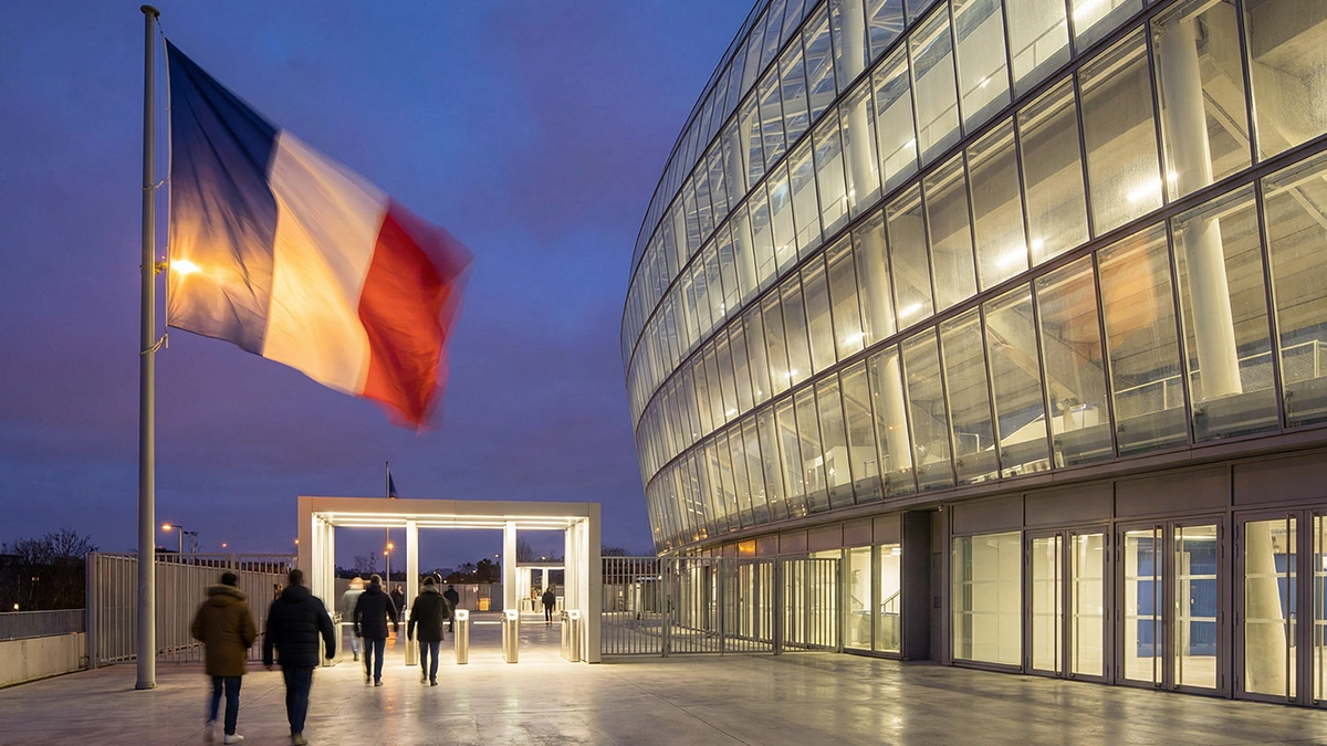 Drapeau français flottant devant l'entrée d'un stade de football