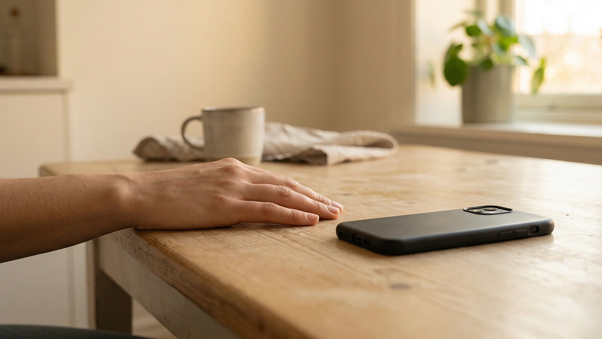 Main posée calmement sur une table à côté d'un smartphone éteint dans une lumière douce
