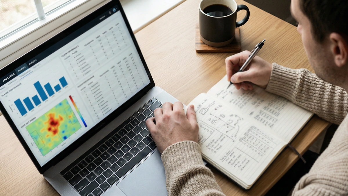 Personne analysant des statistiques de football sur un ordinateur portable avec un carnet de notes